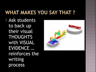  Ask students
to back up
their visual
THOUGHTS
with VISUAL
EVIDENCE …
reinforces the
writing
process
 