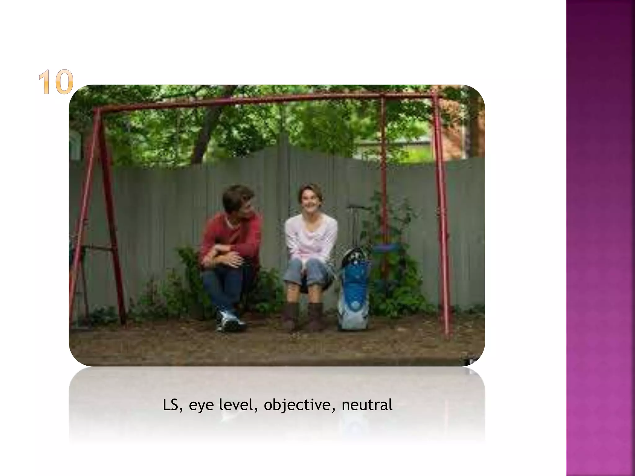 LS, eye level, objective, neutral