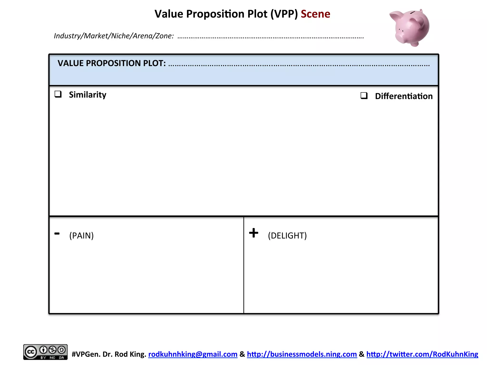 VALUE	
  PROPOSITION	
  PLOT:	
  …………………………….…………..………………………………………………………………	
  
	
  
	
  
	
  
	
  
	
  
	
  
	
  
	
  
	
  
	
  
	
  
-­‐	
  	
  (PAIN)	
  
	
  
+	
  	
  (DELIGHT)	
  
Value	
  Proposi6on	
  Plot	
  (VPP)	
  Scene	
  	
  
	
  
	
  
#VPGen.	
  Dr.	
  Rod	
  King.	
  rodkuhnhking@gmail.com	
  &	
  hap://businessmodels.ning.com	
  &	
  hap://twiaer.com/RodKuhnKing	
  
Industry/Market/Niche/Arena/Zone:	
  	
  ……………………………………………………………………………………….	
  
q  Similarity	
   q  Diﬀeren6a6on	
  
 