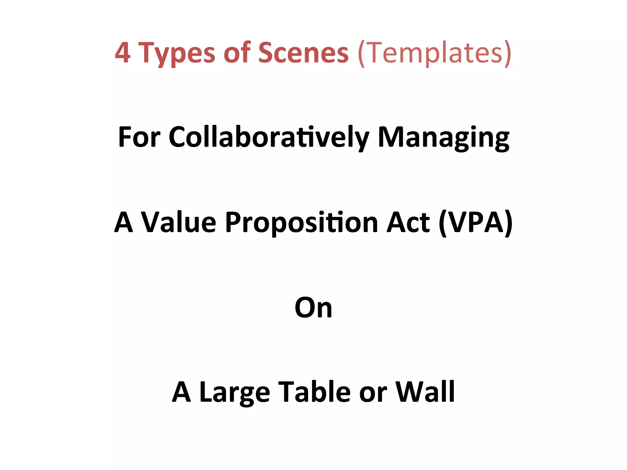 4	
  Types	
  of	
  Scenes	
  (Templates)	
  
	
  
For	
  Collabora6vely	
  Managing	
  
	
  
A	
  Value	
  Proposi6on	
  Act	
  (VPA)	
  
	
  
On	
  
	
  
A	
  Large	
  Table	
  or	
  Wall	
  
	
  
 
