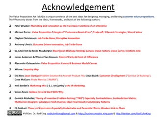 Acknowledgement	
  
The	
  Value	
  Proposi8on	
  Act	
  (VPA)	
  is	
  a	
  unique	
  synthesis	
  of	
  the	
  best	
  ideas	
  for	
  designing,	
  managing,	
  and	
  tes8ng	
  customer	
  value	
  proposi6ons.	
  
The	
  VPA	
  mainly	
  draws	
  from	
  the	
  ideas,	
  frameworks,	
  and	
  tools	
  of	
  the	
  following	
  authors:	
  
	
  
q  Peter	
  Drucker:	
  Marke6ng	
  and	
  Innova6on	
  as	
  the	
  Two	
  Basic	
  Func6ons	
  of	
  an	
  Enterprise	
  	
  
q  Michael	
  Porter:	
  Value	
  Proposi6on	
  Triangle	
  of	
  “Customers-­‐Needs-­‐Price”;	
  Trade-­‐oﬀ;	
  3	
  Generic	
  Strategies;	
  Shared	
  Value	
  
q  Clayton	
  Christensen:	
  Job-­‐To-­‐Be-­‐Done;	
  Disrup6ve	
  Innova6on	
  
q  Anthony	
  Ulwick:	
  Outcome	
  Driven	
  Innova6on;	
  Job-­‐To-­‐Be-­‐Done	
  
	
  
q  W.	
  Chan	
  Kim	
  &	
  Renee	
  Mauborgne:	
  Blue	
  Ocean	
  Strategy;	
  Strategy	
  Canvas;	
  Value	
  Factors;	
  Value	
  Curve;	
  4	
  Ac6ons	
  Grid	
  
q  James	
  Anderson	
  &	
  Wouter	
  Van	
  Rossum:	
  Point	
  of	
  Parity	
  &	
  Point	
  of	
  Diﬀerence	
  
q  Alexander	
  Osterwalder:	
  Value	
  Proposi6on	
  Canvas	
  &	
  Business	
  Model	
  Canvas	
  
q  XPlane:	
  Empathy	
  Map	
  
q  Eric	
  Ries:	
  Lean	
  Startup	
  (Problem-­‐Solu8on	
  Fit;	
  Market-­‐Product	
  Fit);	
  Steve	
  Blank:	
  Customer	
  Development	
  (“Get	
  Out	
  Of	
  Building”);	
  
	
  	
  	
  	
  	
  	
  	
  	
  	
  	
  Dave	
  McClure:	
  Pirate	
  Metrics	
  (“AARRR”)	
  
q  Neil	
  Borden’s	
  Marke6ng	
  Mix	
  &	
  E.	
  J.	
  McCarthy’s	
  4Ps	
  of	
  Marke6ng	
  
q  Simon	
  Sinek:	
  Golden	
  Circle	
  &	
  Start	
  With	
  Why	
  
	
  
q  Genrich	
  Altshuller:	
  Theory	
  of	
  Inven6ve	
  Problem	
  Solving	
  (“TRIZ”)	
  Especially	
  Contradic6ons;	
  Contradic6on	
  Matrix;	
  	
  
	
  	
  	
  	
  	
  	
  	
  	
  	
  	
  Mul6screen	
  Diagram;	
  Substance-­‐Field	
  Analysis;	
  Ideal	
  Final	
  Result;	
  Evolu6onary	
  Paaerns	
  	
  
q  Eli	
  Goldraa:	
  Theory	
  of	
  Constraints	
  Especially	
  Undesirable	
  and	
  Desirable	
  Eﬀects;	
  Weakest	
  Link	
  in	
  Chain	
  
	
  
#VPGen.	
  Dr.	
  Rod	
  King.	
  rodkuhnhking@gmail.com	
  &	
  h%p://businessmodels.ning.com	
  &	
  h%p://twi%er.com/RodKuhnKing	
  
 