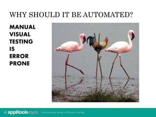 WHY SHOULD IT BE AUTOMATED? 
MANUAL 
VISUAL 
TESTING 
IS 
ERROR 
PRONE 
 