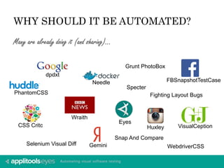 WHY SHOULD IT BE AUTOMATED? 
Many are already doing it (and sharing)… 
PhantomCSS Fighting Layout Bugs 
CSS Critc 
Wraith 
Needle 
Grunt PhotoBox 
dpdxt 
WebdriverCSS 
Eyes 
Huxley 
FBSnapshotTestCase 
Selenium Visual Diff Gemini 
VisualCeption 
Specter 
Snap And Compare 
 