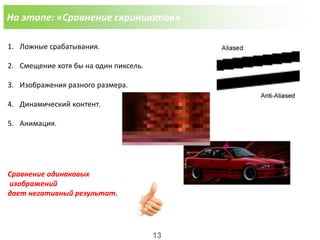 На этапе: «Сравнение скриншотов»
1. Ложные срабатывания.
2. Смещение хотя бы на один пиксель.
3. Изображения разного размера.
4. Динамический контент.
5. Анимация.
Сравнение одинаковых
изображений
дает негативный результат.
13
 