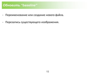 Обновить “baseline”
- Переименование или создание нового файла.
- Перезапись существующего изображения.
15
 