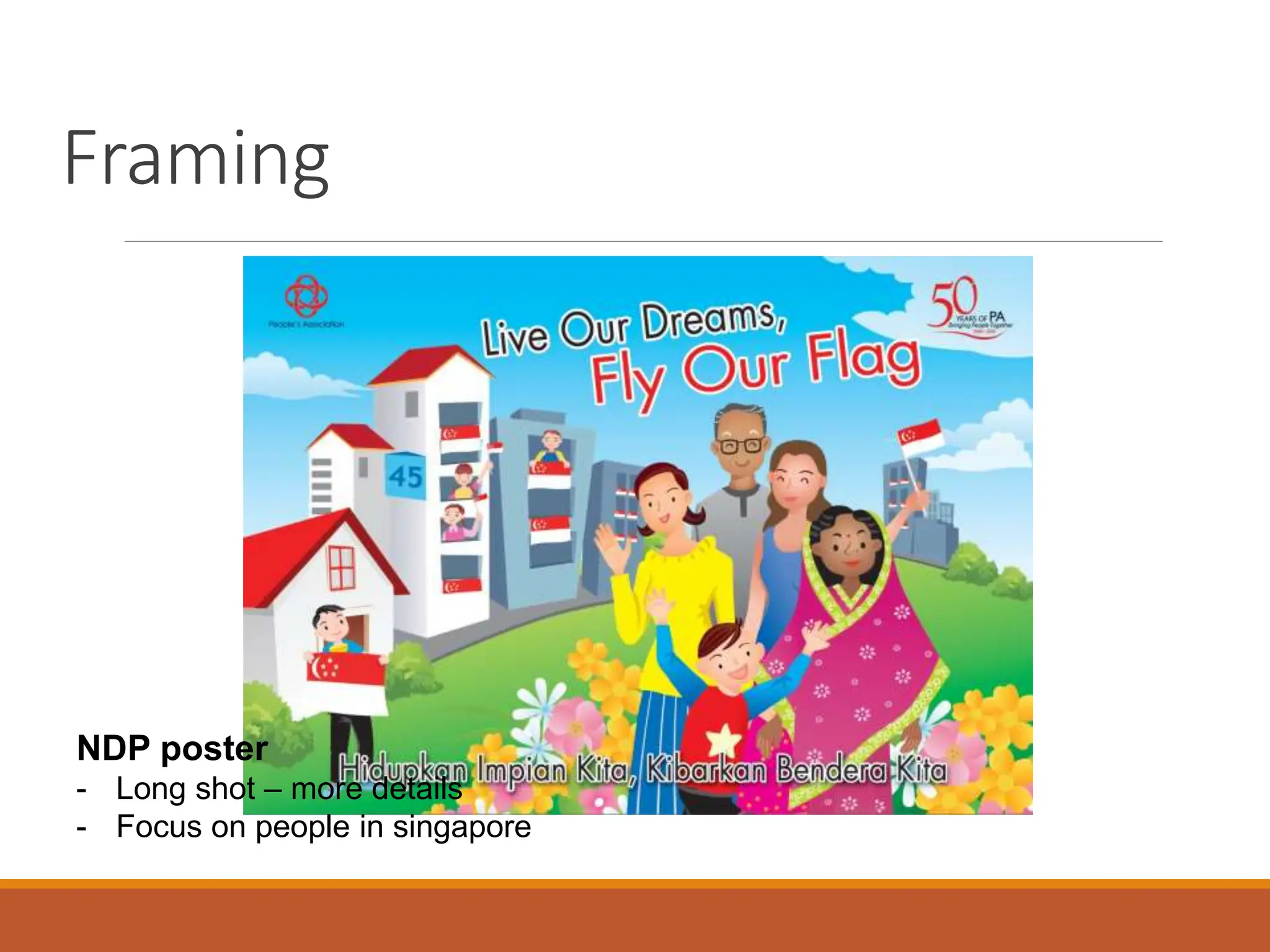 Framing
NDP poster
- Long shot – more details
- Focus on people in singapore
 
