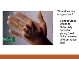 What does this
image show?
- Concept/idea
- Desire to
show unity
between
young & old
- Unity between
different races
also
 
