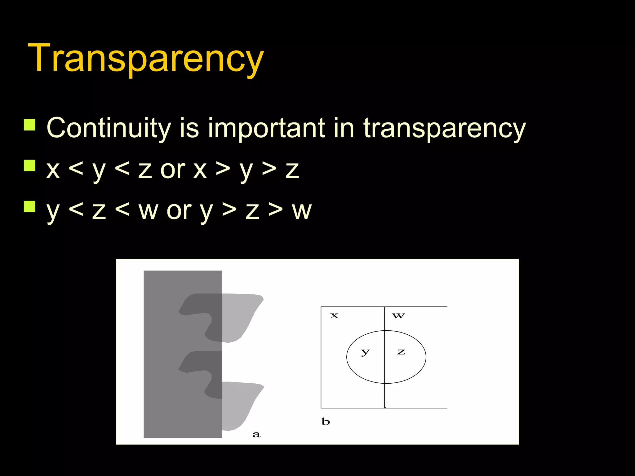 Transparency




Continuity is important in transparency
x < y < z or x > y > z
y < z < w or y > z > w

x

w

y

b
a

z

 