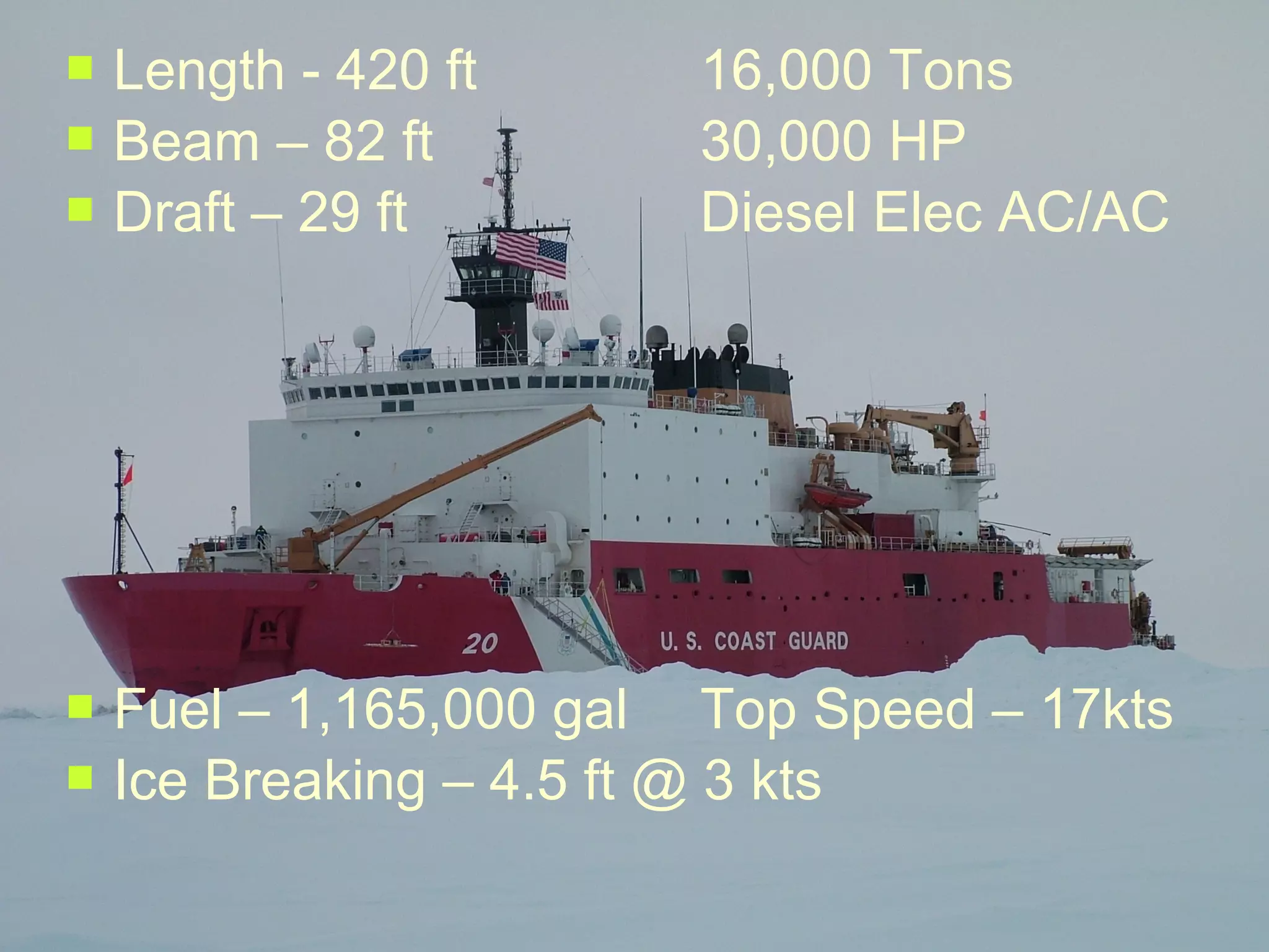 






Length - 420 ft
Beam – 82 ft
Draft – 29 ft

16,000 Tons
30,000 HP
Diesel Elec AC/AC

Fuel – 1,165,000 gal Top Speed – 17kts
Ice Breaking – 4.5 ft @ 3 kts

 