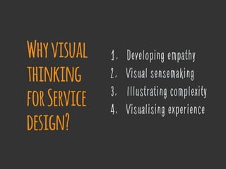 1. Developing empathy
2. Visual sensemaking
3. Illustrating complexity
4. Visualising experience
Whyvisual
thinking
forService
design?
 