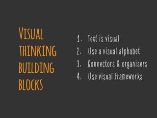 1. Text is visual
2. Use a visual alphabet
3. Connectors & organisers
4. Use visual frameworks
Visual
thinking
building
blocks
 