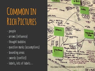 - people
- arrows (influence)
- thought bubbles
- question marks (assumptions)
- bounding areas
- swords (conflict)
- labels, lots of labels...
Commonin
RichPictures
https://www.flickr.com/photos/johannakoll/6798095786
 