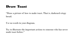 Draw Toast
“Draw a picture of how to make toast. That is, darkened crispy
bread.
Use no words in your diagram.
Try to illustrate the important actions to someone who has never
made toast before.”
 