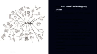 01
Christina Wodtke
•HEADER
OF THIS
PAGE
• From Rolf Faste’s MindMapping
article
• The basic principles of mind mapping
are:
1 Create a Center Statement.
2 Develop ideas radially outward.
3 Capture ideas quickly.
4 Use lines to show connections.
5 Create train-of-thought structures.
6 Follow an idea as far as it will go.
7 Work from the known to the
unknown.
8 Return to the center when ideas are
exhausted.
9 Increase density to create richness.
 