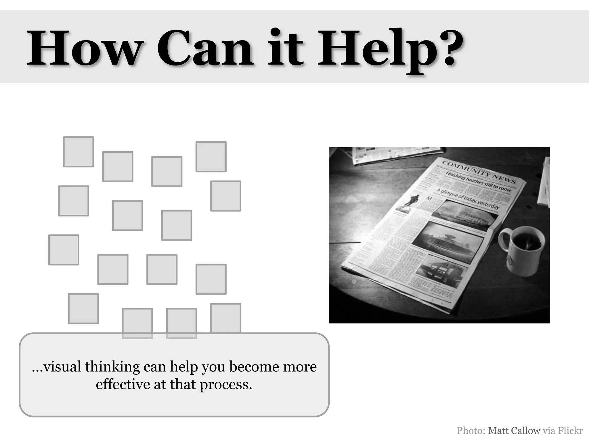 How Can it Help?…visual thinking can help you become more effective at that process.Photo: Matt Callow via Flickr