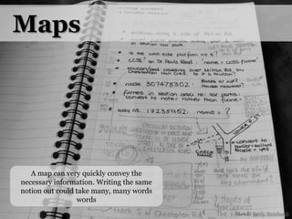 MapsA map can very quickly convey the necessary information. Writing the same notion out could take many, many words wordsSketch: Kevin Steinhardt
