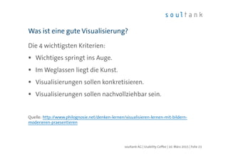 Die 4 wichtigsten Kriterien:
Wichtiges springt ins Auge.
Im Weglassen liegt die Kunst.
Visualisierungen sollen konkretisieren.
Visualisierungen sollen nachvollziehbar sein.
Quelle: http://www.philognosie.net/denken-lernen/visualisieren-lernen-mit-bildern-
moderieren-praesentieren
Was ist eine gute Visualisierung?
| Folie 23soultank AG | Usability Coffee | 10. März 2015
 