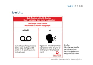So nicht…
| Folie 24soultank AG | Usability Coffee | 10. März 2015
Quelle:
http://www.vodafo
ne-stiftung-fuer-
forschung.de/preist
raeger/2004/f.html
 