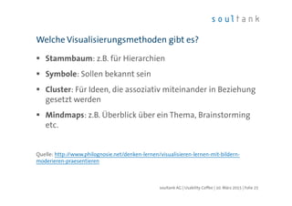 Stammbaum: z.B. für Hierarchien
Symbole: Sollen bekannt sein
Cluster: Für Ideen, die assoziativ miteinander in Beziehung
gesetzt werden
Mindmaps: z.B. Überblick über ein Thema, Brainstorming
etc.
Quelle: http://www.philognosie.net/denken-lernen/visualisieren-lernen-mit-bildern-
moderieren-praesentieren
Welche Visualisierungsmethoden gibt es?
| Folie 25soultank AG | Usability Coffee | 10. März 2015
 