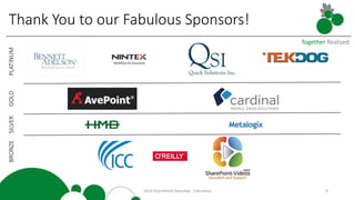 Together Realized
2014 SharePoint Saturday - Columbus 9
Thank You to our Fabulous Sponsors!
PLATINUMGOLDSILVERBRONZE
 