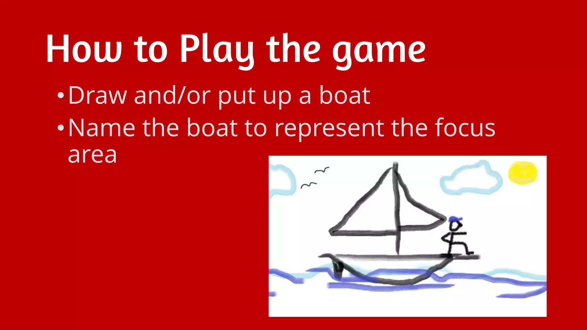 How to Play the game
•Draw and/or put up a boat
•Name the boat to represent the focus
area
 