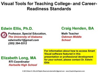 Visual Tools for Teaching College- and Career-
             Readiness Standards



Edwin Ellis, Ph.D.                                                   Craig Henden, BA
    Professor, Special Education,                                    Math Teacher
    The University of Alabama                                        Oakman Middle
    edwinellis1@gmail.com                                            School
    (205) 394-5512

                                             For information about how to access Smart
                                             Visual software featured in this
                                             presentation or professional development
Elizabeth Long, MA                           for your school, please contact Dr. Edwin
    RTI Coordinator                          Ellis
    Hartselle High School

              © 2013 Edwin S. Ellis All Rights Reserved edwinellis1@gmail.com www.GraphicOrganizers.com
 