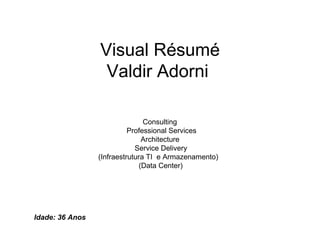 Visual Résumé
                  Valdir Adorni

                                Consulting
                           Professional Services
                                Architecture
                             Service Delivery
                 (Infraestrutura TI e Armazenamento)
                               (Data Center)




Idade: 36 Anos
 