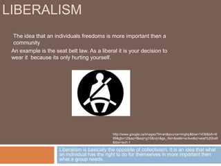 INDIVIDUALISMIndividualism is the idea of allowing individuals to look after themselves is the proper way to succeed.Examples is the Liberal Party in Alberta. They say that looking after yourself is right and money from the government will not be granted.American Health Care is an another idea where they have to use there own money to pay for their needs. The government does not support those that need serious medical attention and they have to pay for everything themselves. If you don’t have the money for it, basically you are out of luck.http://politicalhumor.about.com/od/politicalcartoons/ig/Political-Cartoons/Health-Care-Plans.htm