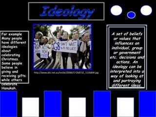Ideology A set of beliefs or values that influences an individual, group or government etc. decisions and actions. An ideology can be interpreted into a way of looking at and portraying different ideas. For example: Many people have different ideologies about celebrating Christmas.  Some people believe in giving and receiving gifts while others celebrate Hanukah. http://www.abc.net.au/reslib/200807/r268732_1126804.jpg 