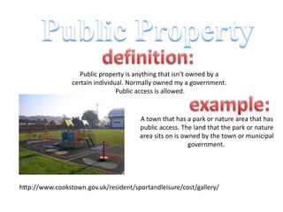 Public Propertydefinition:Public property is anything that isn’t owned by a certain individual. Normally owned my a government. Public access is allowed.example:A town that has a park or nature area that haspublic access. The land that the park or naturearea sits on is owned by the town or municipalgovernment. http://www.cookstown.gov.uk/resident/sportandleisure/cost/gallery/