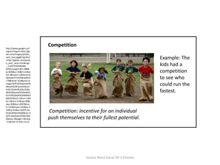 Competitionhttp://www.google.ca/imgres?imgurl=http://gbaix.com/images/potato_sack_race.jpg&imgrefurl=http://gbaix.com/potato_sack_races.htm&usg=__EaDVTe6hMKjIBb-pi94ULiJpjp4=&h=288&w=600&sz=32&hl=en&start=0&zoom=1&tbnid=QQbAaRc3T1XYDM:&tbnh=78&tbnw=163&prev=/images%3Fq%3Dpotato%2Bsack%2Braces%26um%3D1%26hl%3Den%26safe%3Dactive%26biw%3D1419%26bih%3D694%26tbs%3Disch:1&um=1&itbs=1&iact=hc&vpx=86&vpy=92&dur=2047&hovh=155&hovw=324&tx=216&ty=91&ei=IJaOTL3wOoi6sAPQhrGkBA&oei=IJaOTL3wOoi6sAPQhrGkBA&esq=1&page=1&ndsp=31&ved=1t:429,r:0,s:0Example: The kids had a competition to see who could run the fastest. Competition: Incentive for an individual push themselves to their fullest potential. Jessica Ward Social 30-1 Esteves