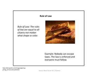 Rule of Law Rule of Law: The rules of law are equal to all citizens not matter what shape or color.Example: Nobody can escape taxes. The law is enforced and everyone must follow. http://donaparks.com/images/gavel.jpg?nxg_versionuid=publishedJessica Ward Social 30-1 Esteves
