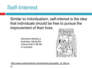 Self-Interest	Similar to individualism, self-interest is the idea that individuals should be free to pursue the improvement of their lives.Someone starting a business, taking the chance that it will fail or succeed.http://www.cartoonstock.com/directory/q/quality_of_life.asp