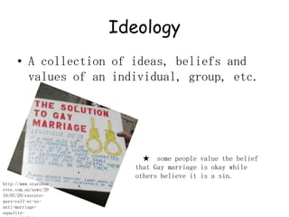 Ideology A collection of ideas, beliefs and values of an individual, group, etc.   ★  some people value the belief that Gay marriage is okay while others believe it is a sin.http://www.starobserver.com.au/news/2010/07/28/execute-gays-call-at-us-anti-marriage-equality-protest/28782