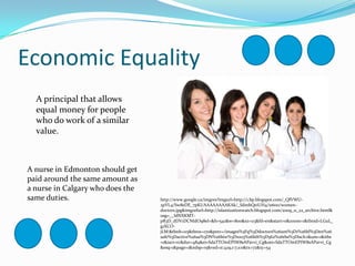 Economic EqualityA principal that allows equal money for people who do work of a similar value.A nurse in Edmonton should get paid around the same amount as a nurse in Calgary who does the same duties.http://www.google.ca/imgres?imgurl=http://1.bp.blogspot.com/_QfVWU-2pVL4/Sw8eDE_7pKI/AAAAAAAAKAk/_SdmbQeiUH4/s1600/women-doctors.jpg&imgrefurl=http://islamizationwatch.blogspot.com/2009_11_22_archive.html&usg=__IdNXKMT-pR3D_dDV1DCNIdO98eI=&h=542&w=800&sz=113&hl=en&start=0&zoom=1&tbnid=LGuL_g1XCO-jLM:&tbnh=115&tbnw=170&prev=/images%3Fq%3Ddoctors%26um%3D1%26hl%3Den%26safe%3Dactive%26sa%3DN%26biw%3D1003%26bih%3D562%26tbs%3Disch:1&um=1&itbs=1&iact=rc&dur=484&ei=SdaTTOmEPIW8sAPavvi_Cg&oei=SdaTTOmEPIW8sAPavvi_Cg&esq=1&page=1&ndsp=15&ved=1t:429,r:7,s:0&tx=72&ty=54
