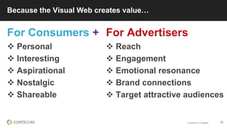 © comScore, Inc. Proprietary. 15
For Advertisers
 Reach
 Engagement
 Emotional resonance
 Brand connections
 Target attractive audiences
For Consumers +
 Personal
 Interesting
 Aspirational
 Nostalgic
 Shareable
Because the Visual Web creates value…
 