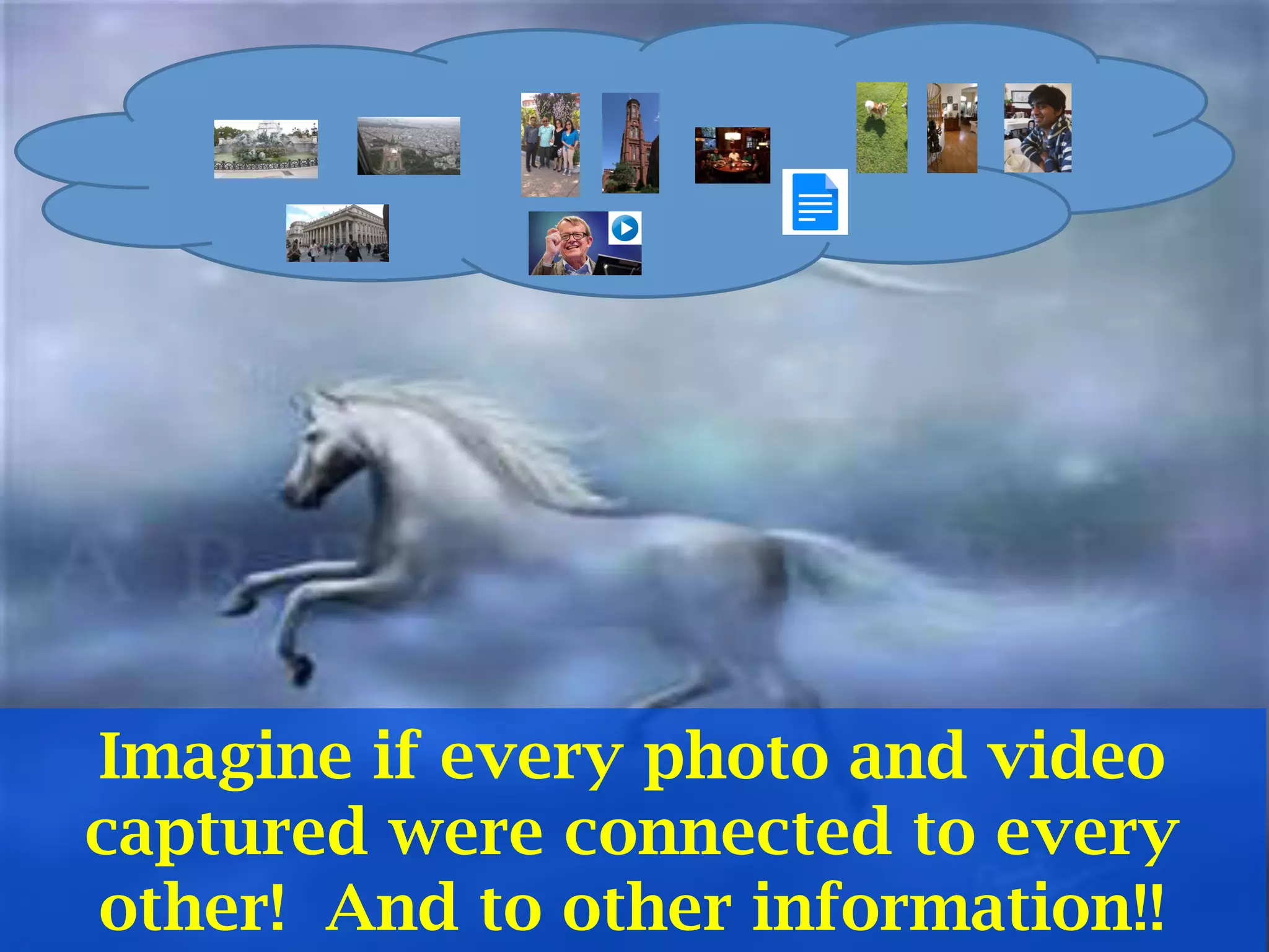 Imagine if every photo and video
captured were connected to every
other! And to other information!!	
  
 