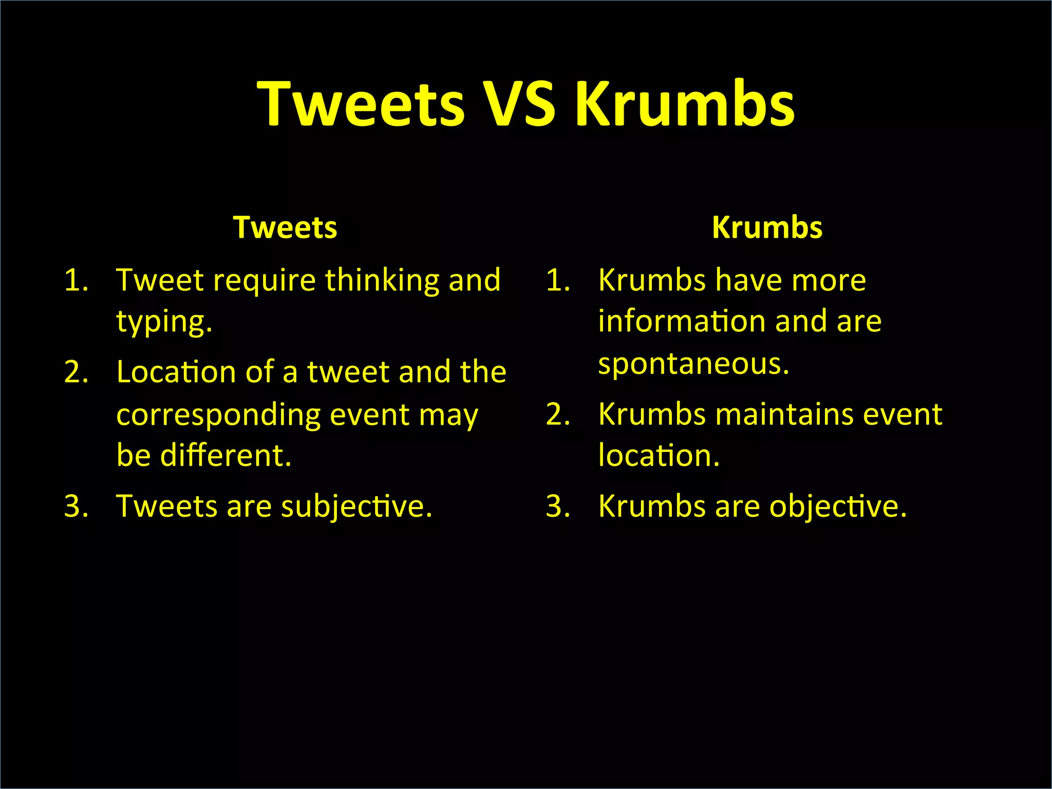 Tweets	
  VS	
  Krumbs	
  
Tweets	
  
1.  Tweet	
  require	
  thinking	
  and	
  
typing.	
  
2.  Loca6on	
  of	
  a	
  tweet	
  and	
  the	
  
corresponding	
  event	
  may	
  
be	
  diﬀerent.	
  
3.  Tweets	
  are	
  subjec6ve.	
  
Krumbs	
  
1.  Krumbs	
  have	
  more	
  
informa6on	
  and	
  are	
  
spontaneous.	
  
2.  Krumbs	
  maintains	
  event	
  
loca6on.	
  
3.  Krumbs	
  are	
  objec6ve.	
  
 