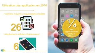 Utilisation des application en 2016
> Nombre moyenne d’applications installés
> Applications utilisées régulièrement
26
6
¼Des
applications ne
sont pas
utilisées
Source : Sébastien Gonzalez – etourisme.info – dec. 2017
 