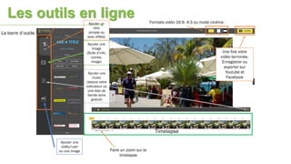 Ajouter un
titre
(simple ou
avec effets)
La barre d’outils
Ajouter une
image
(Bulle d’info,
icones,
image)
Ajouter une
music
(depuis votre
ordinateur ou
une liste de
bande sons
gratuit)
Timelapse
Ajouter une
vidéo/rush
ou une image
Formats vidéo 16:9, 4:3 ou mode cinéma
Faire un zoom sur la
timelapse
Une fois votre
vidéo terminée,
Enregistrer ou
exporter sur
Youtube et
Facebook
Les outils en ligne
 