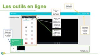 Les outils en ligne
La barre d’outils
Ajouter un
titre
(simple ou
avec effets)
Ajouter un
filigram ou
régler le ratio
(16:9, 4:3, …)
Ajouter une
music
(depuis votre
ordinateur ou
une liste de
bande sons
gratuit)
Ajouter une
vidéo/rush,
une image ou
un fond de
couleur
Timelapse
Télécharger
votre vidéo
en 360p,
720p ou
1080p.
Aperçu de la
vidéo avant
l’exportation
 