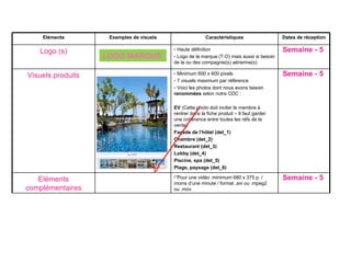 Précisions Eléments créa LOGO MARQUE Eléments Exemples de visuels Caractéristiques Dates de réception Logo (s) Haute définition Logo de la marque (T.O) mais aussi si besoin de la ou des compagnie(s) aérienne(s) Semaine - 5  Visuels produits Minimum 600 x 600 pixels 7 visuels maximum par référence Voici les photos dont nous avons besoin  renommées  selon notre CDC : EV  (Cette photo doit inciter le membre à rentrer dans la fiche produit – Il faut garder une cohérence entre toutes les réfs de la vente) Façade de l’hôtel (det_1) Chambre (det_2) Restaurant (det_3) Lobby (det_4) Piscine, spa (det_5) Plage, paysage (det_6) … Semaine - 5  Eléments complémentaires Pour une vidéo :minimum 680 x 375 p. / moins d’une minute / format .avi ou .mpeg2 ou .mov Semaine - 5  