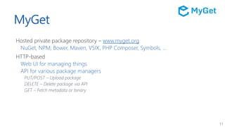 11
MyGet
Hosted private package repository – www.myget.org
NuGet, NPM, Bower, Maven, VSIX, PHP Composer, Symbols, ...
HTTP...