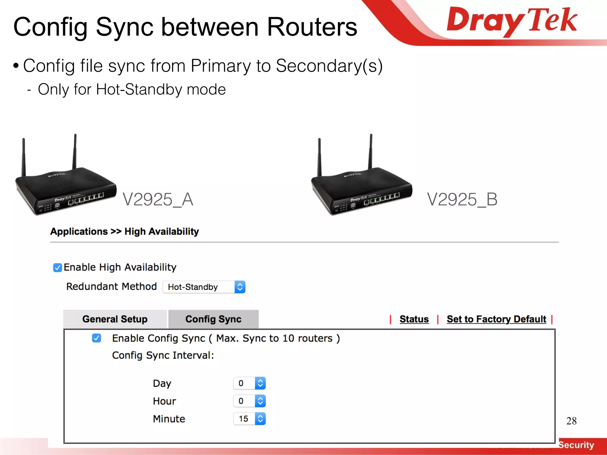 28
V2925_A V2925_B
• Conﬁg ﬁle sync from Primary to Secondary(s)
- Only for Hot-Standby mode
Config Sync between Routers
 