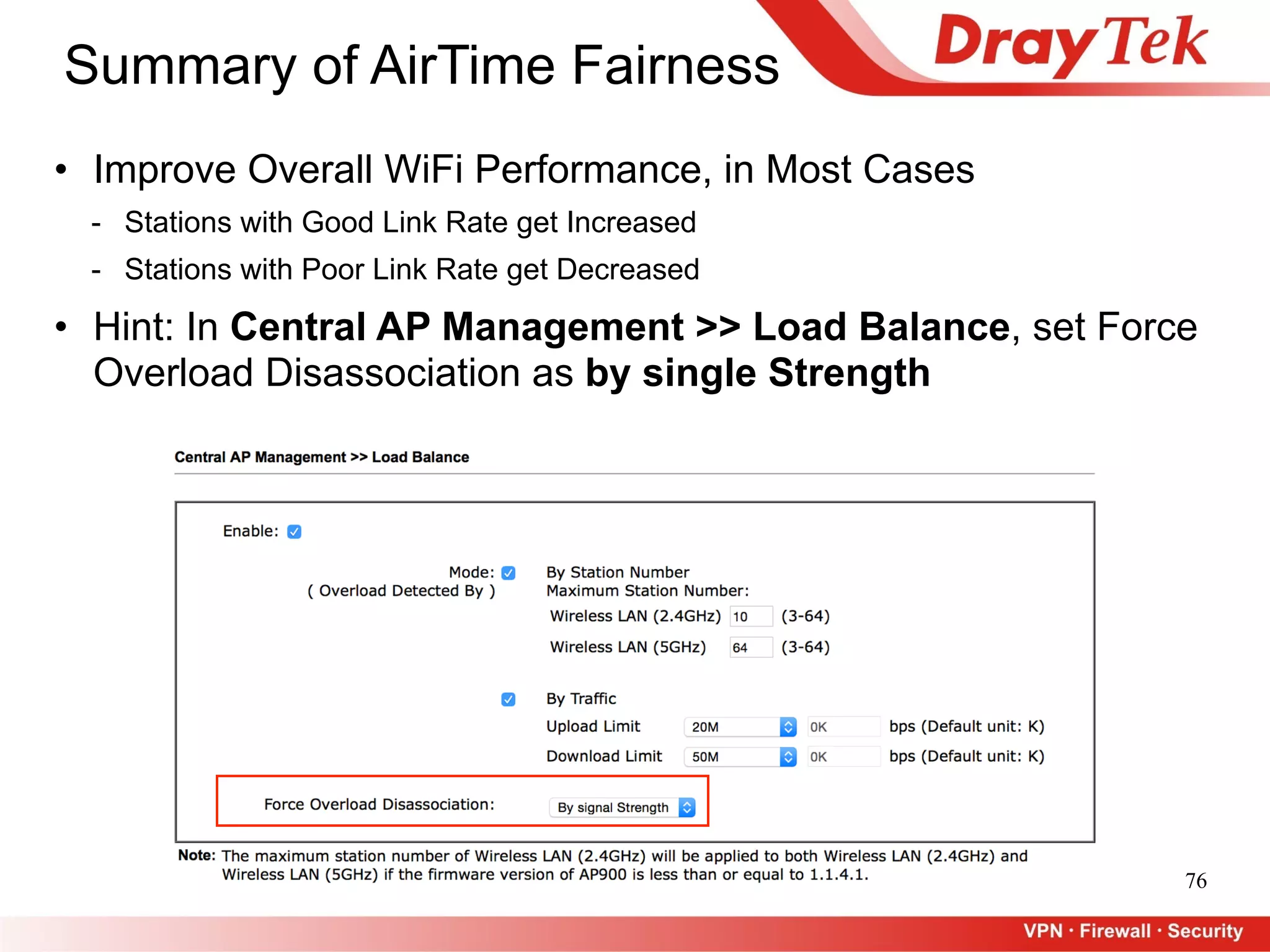 Summary of AirTime Fairness
76
• Improve Overall WiFi Performance, in Most Cases
- Stations with Good Link Rate get Increased
- Stations with Poor Link Rate get Decreased
• Hint: In Central AP Management >> Load Balance, set Force
Overload Disassociation as by single Strength
 