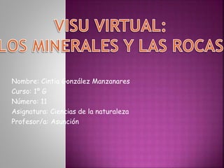 Nombre: Cintia González Manzanares
Curso: 1º G
Número: 11
Asignatura: Ciencias de la naturaleza
Profesor/a: Asunción
 