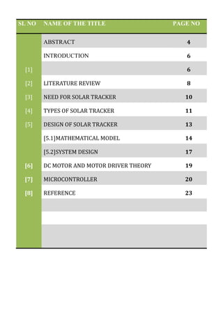 SL NO

NAME OF THE TITLE

PAGE NO

ABSTRACT

4

INTRODUCTION

6

[1]

6

[2]

LITERATURE REVIEW

8

[3]

NEED FOR SOLAR TRACKER

10

[4]

TYPES OF SOLAR TRACKER

11

[5]

DESIGN OF SOLAR TRACKER

13

[5.1]MATHEMATICAL MODEL

14

[5.2]SYSTEM DESIGN

17

[6]

DC MOTOR AND MOTOR DRIVER THEORY

19

[7]

MICROCONTROLLER

20

[8]

REFERENCE

23

 