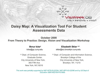 Daisy Map: A Visualization Tool For Student
              Assessments Data
                           October 2008
From Theory to Practice: Design, Vision and Visualization Workshop

                      Ilknur Ickea                              Elizabeth Sklar a,b
                  iicke@gc.cuny.edu                        sklar@sci.brooklyn.cuny.edu

             Dept. of Computer Science,                  Dept. of Computer and Information Science,
          (a)                                      (b)

                   Graduate Center,                              Brooklyn College of the
            City University of New York,                        City University of New York,
                    365 Fifth Ave.                                  Brooklyn, NY, 11210
                 New York, NY,10016

      This work was partially supported by NSF #ITR-05-52294, NSF #PFI-03-32596 and by US Dept of
                                      Education SBIR #ED-06-PO-0895
 