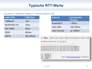 Typische RTT-Werte 
Vgl. Lüders, C, u. Winkler, M., Pingpong. in: c't. Hannover 2006,23, S.199. 
Leistung 67 
LAN (TCP) 15...