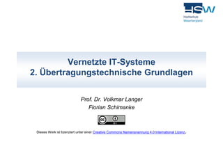 Vernetzte IT-Systeme 
2. Übertragungstechnische Grundlagen 
Prof. Dr. Volkmar Langer 
Florian Schimanke 
Dieses Werk ist lizenziert unter einer Creative Commons Namensnennung 4.0 International Lizenz. 
 